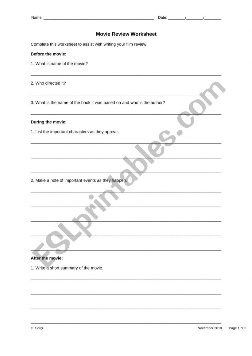 Movie review  worksheet