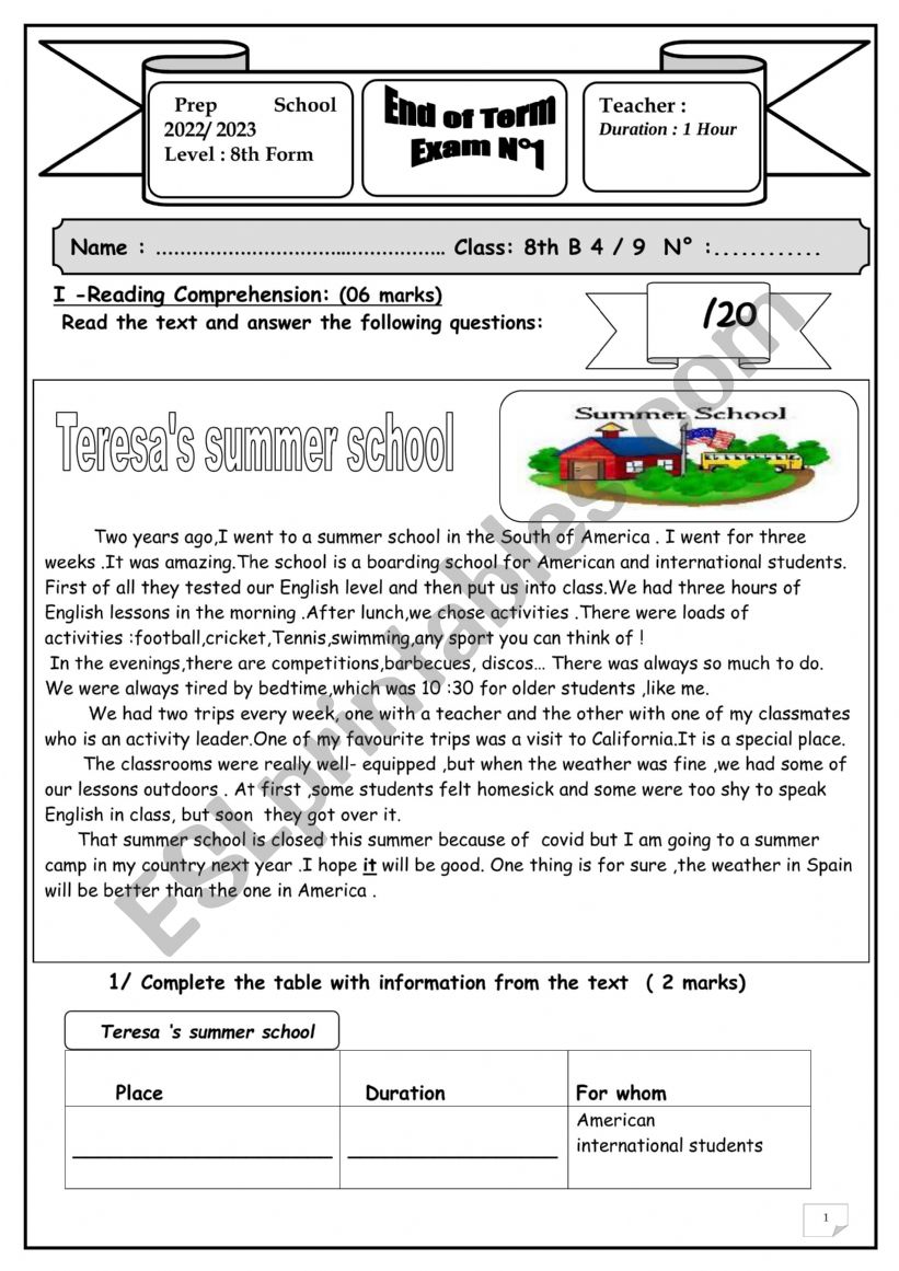 8th end term 1 worksheet