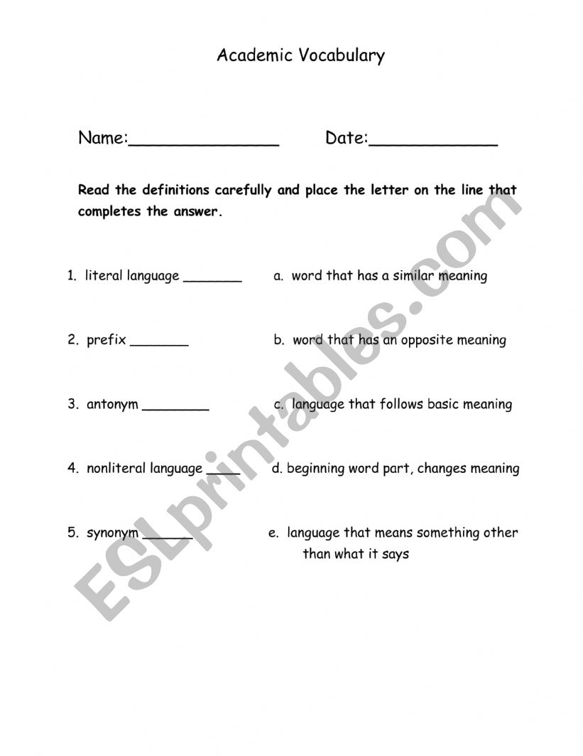 Academic Vocabulary worksheet