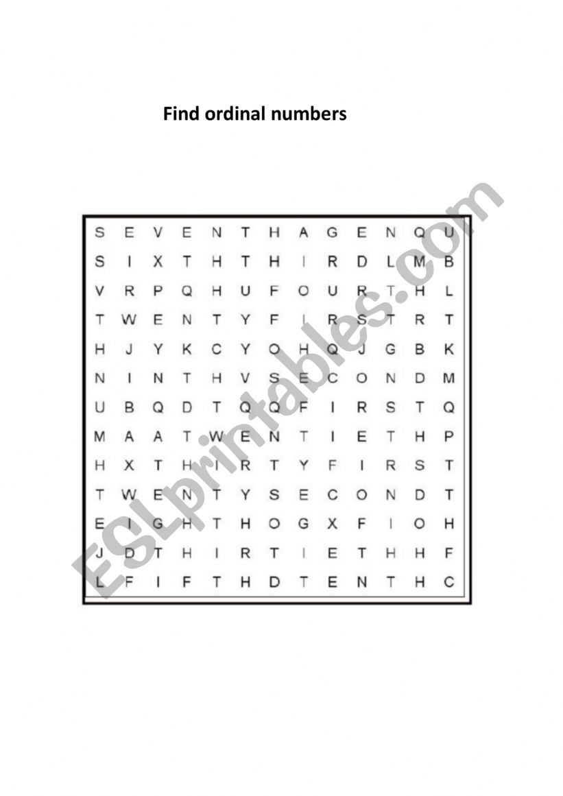 Ordinal numbers crossword worksheet