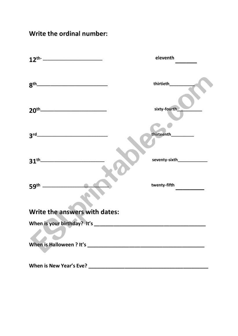 ordinal numbers exercise worksheet