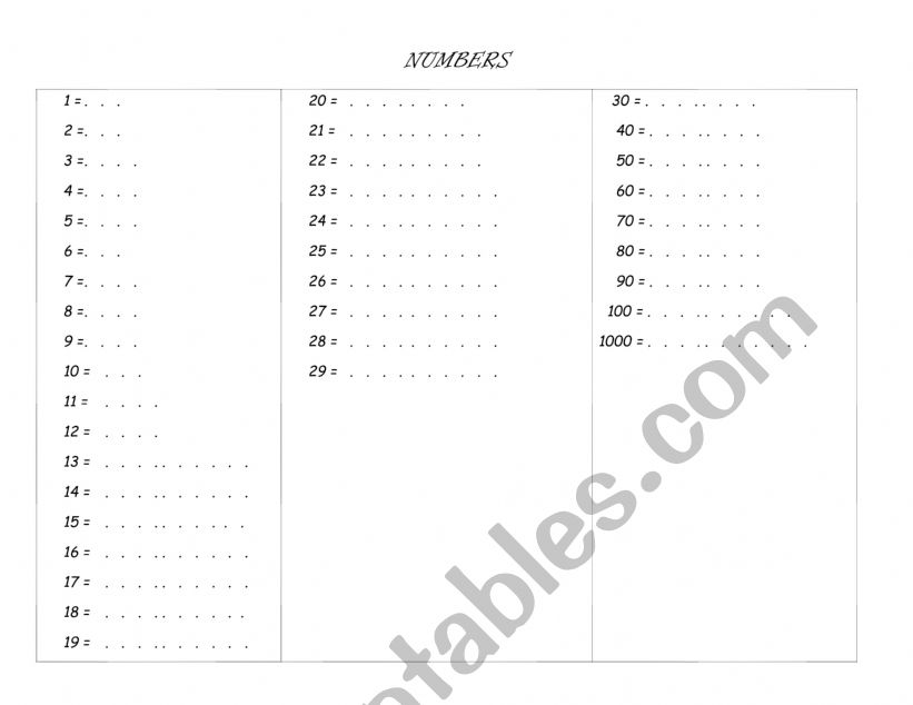 numbers worksheet