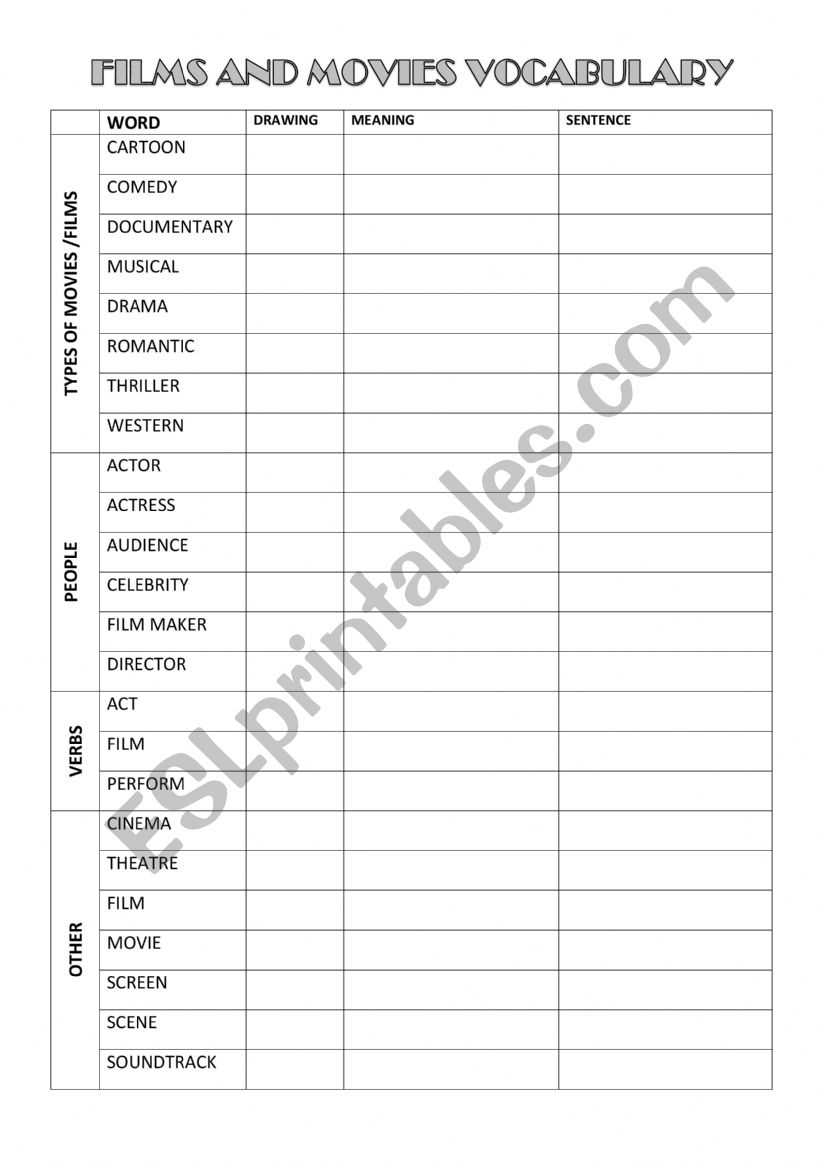 films and movies vocabulary worksheet