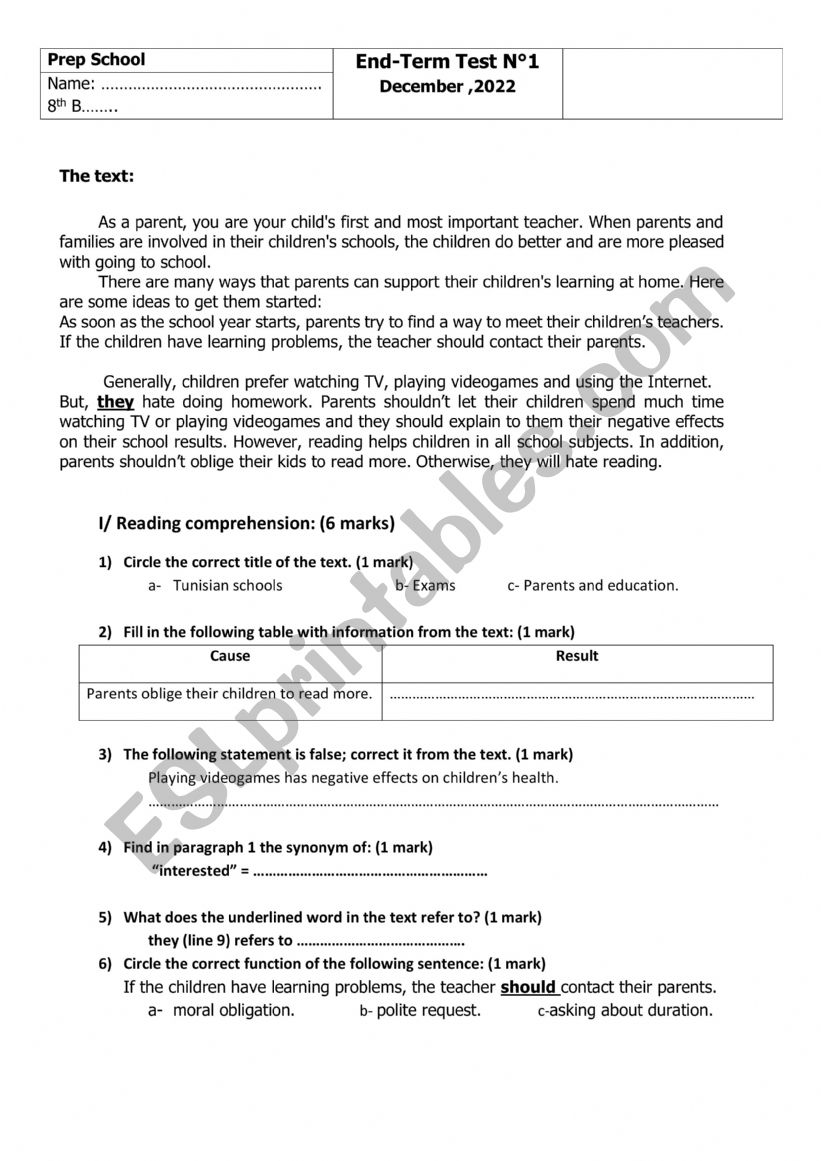 End-term test 1 8th form Tunisian schools