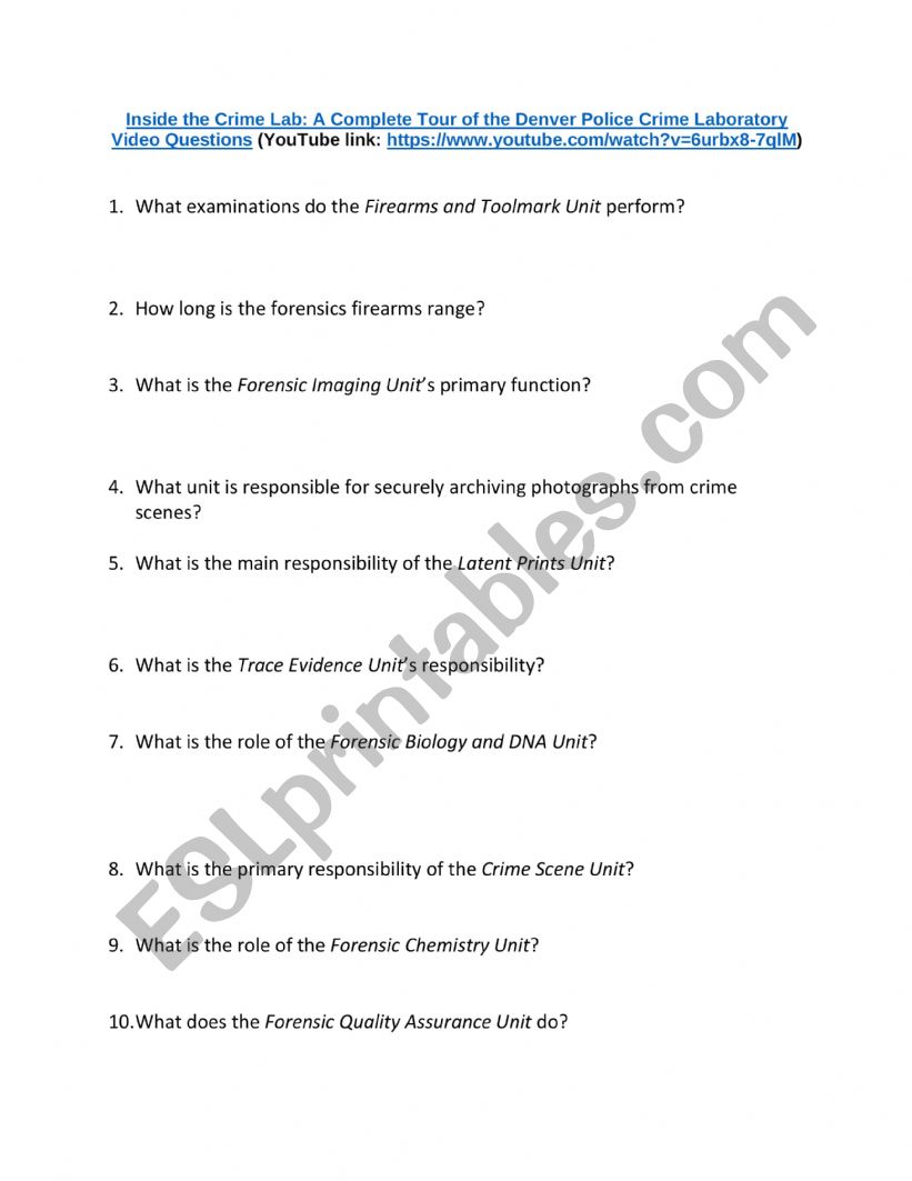 Crime Lab Video Questions worksheet