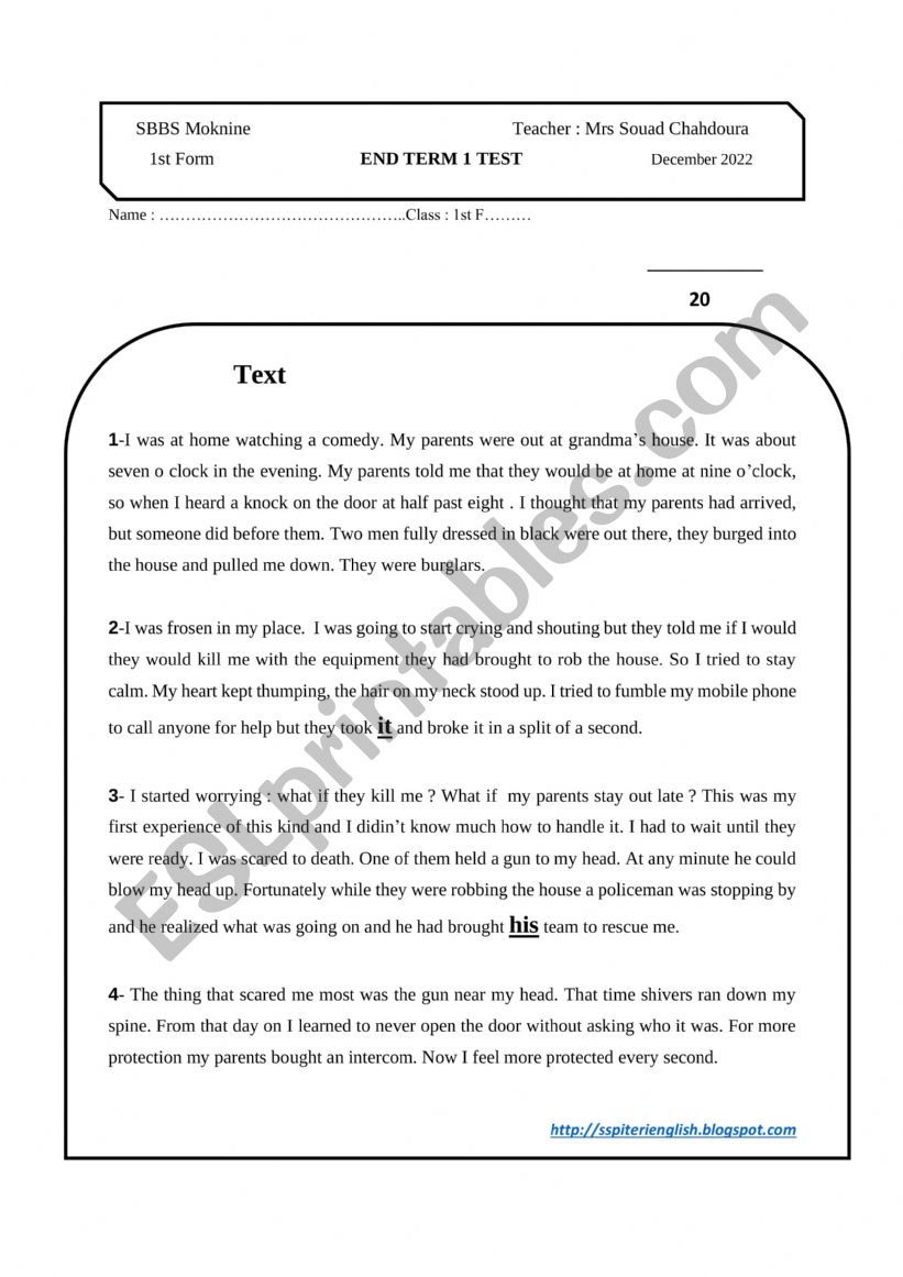 END OF TERM 1 TEST 1ST FORM worksheet