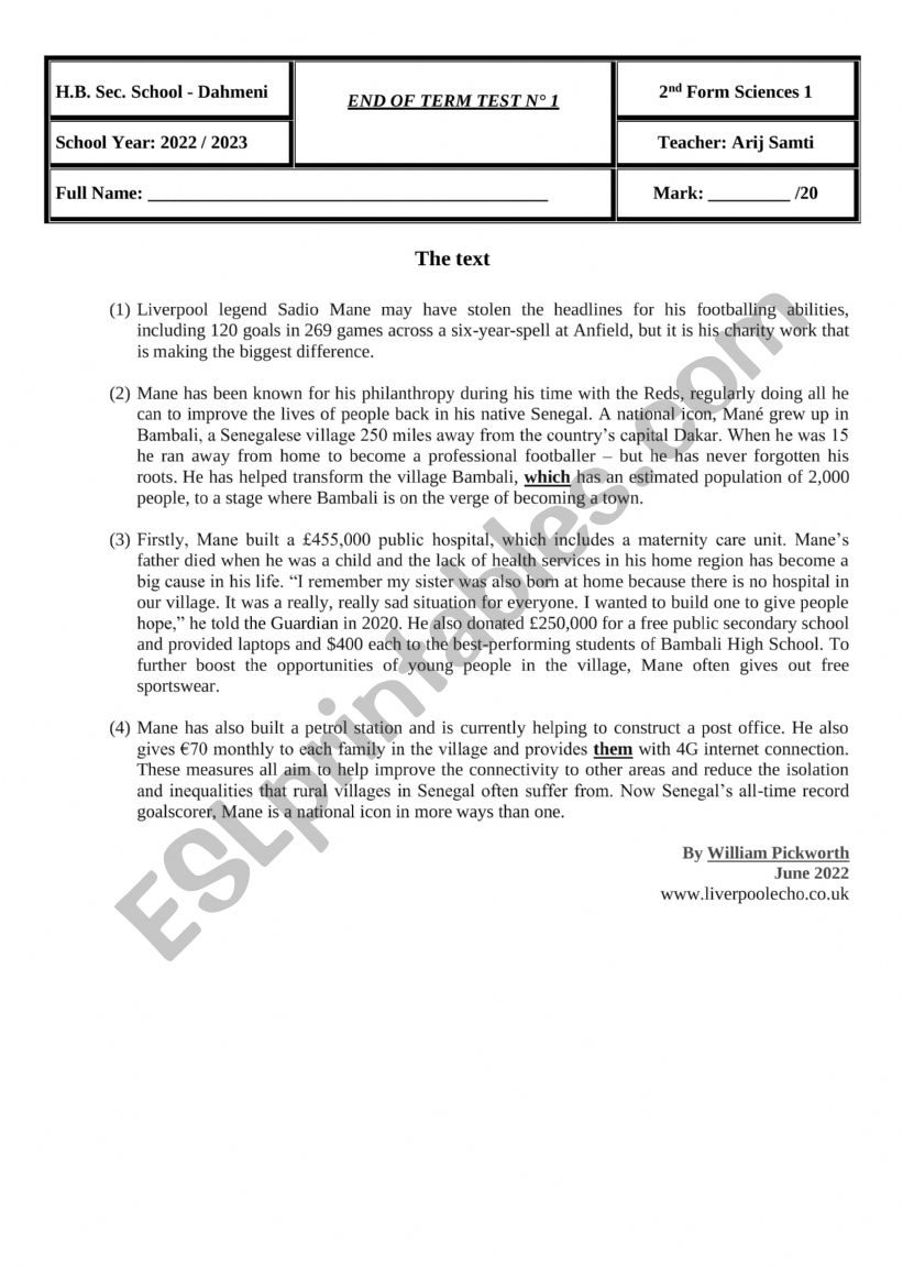 End of term test n1 2nd form worksheet