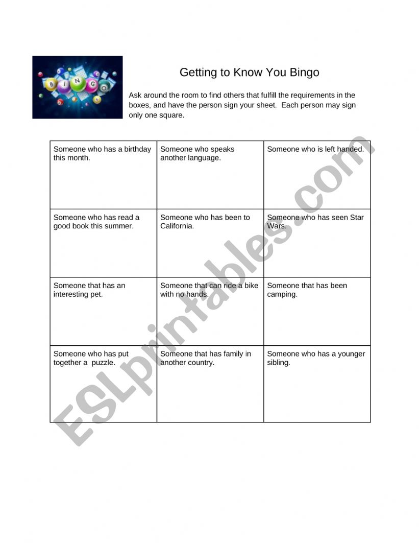Bingo Geting to Know You worksheet