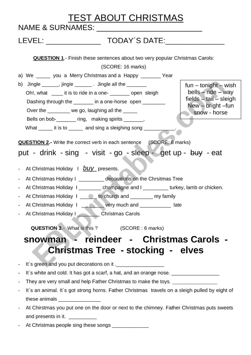Test about Christmas worksheet