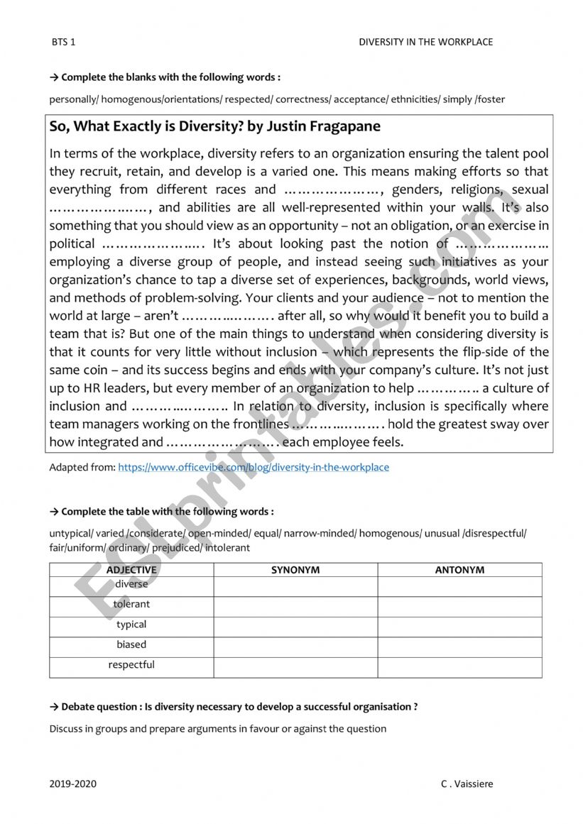 diversity in the workplace worksheet