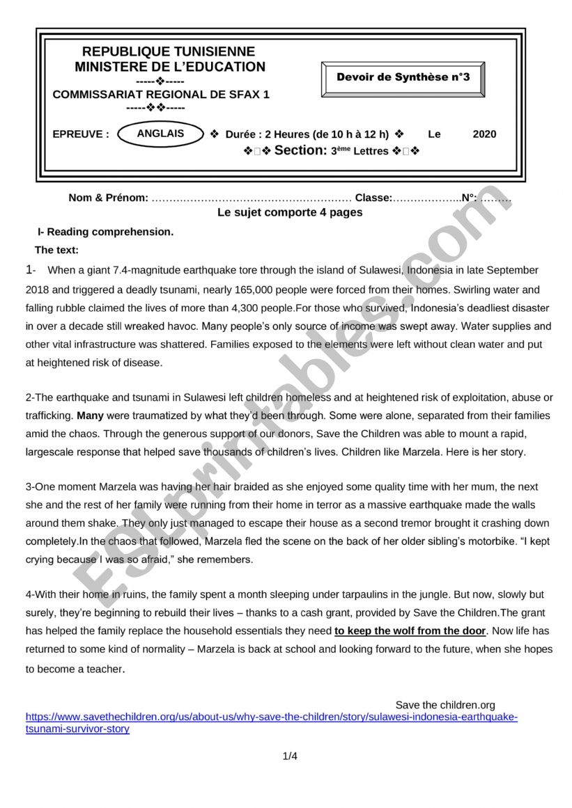 full-term test 3 3rd formers worksheet