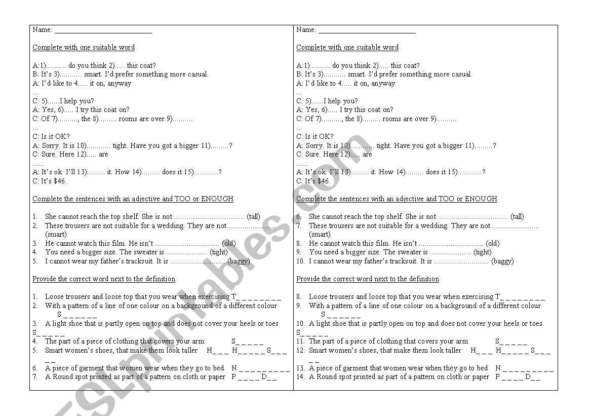 too-enough worksheet