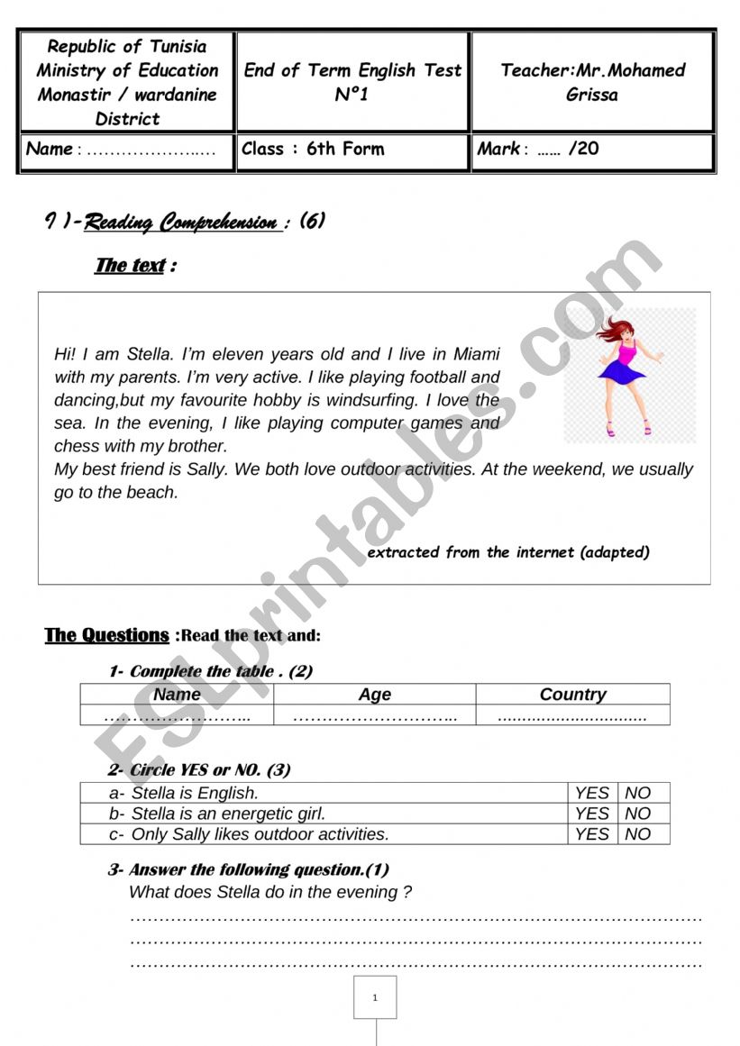 end of term test 1 for 6th grade learners 