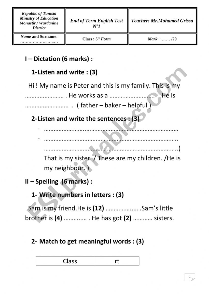 end of term test 1 for 5th grade learners 