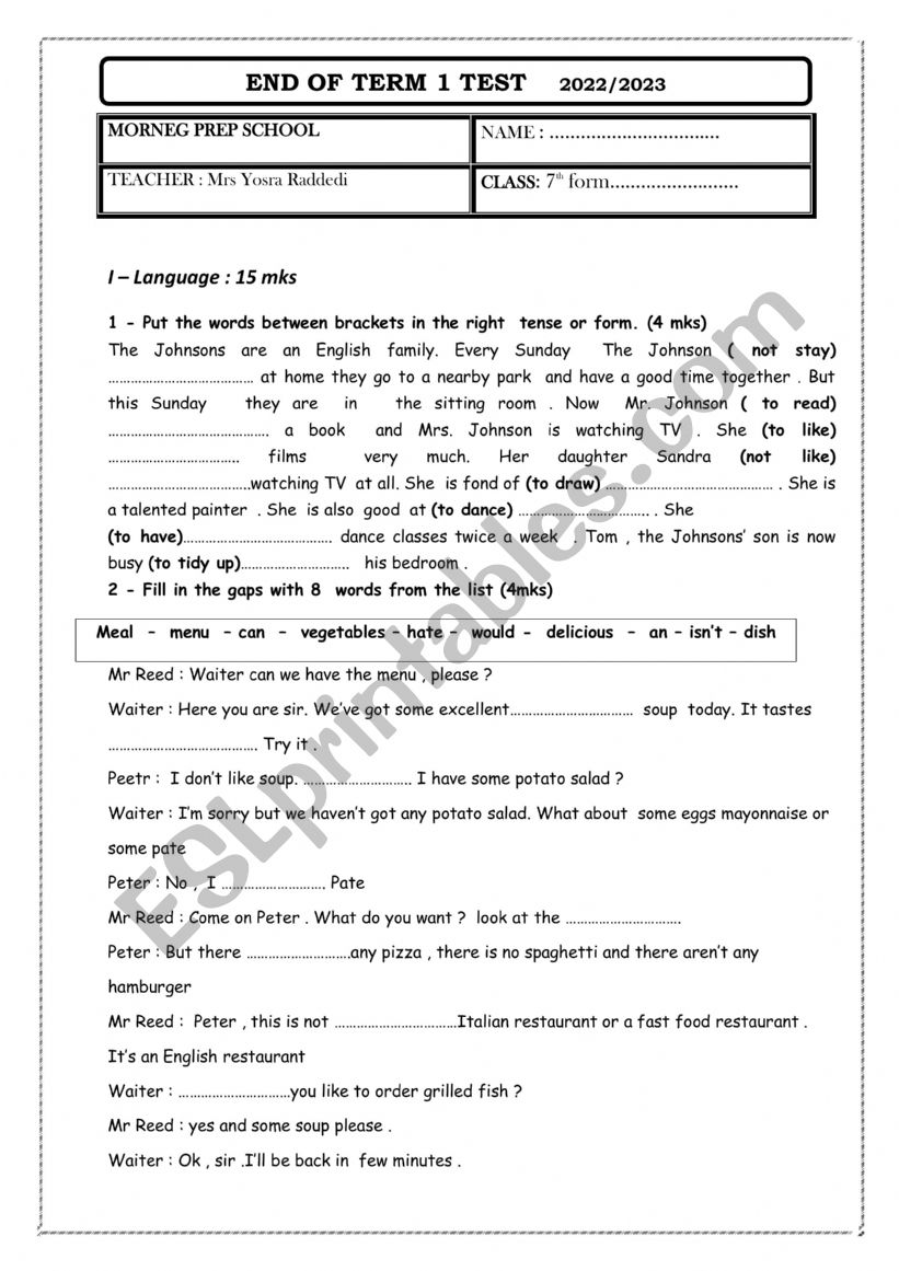 end term 1 : 7 th form worksheet