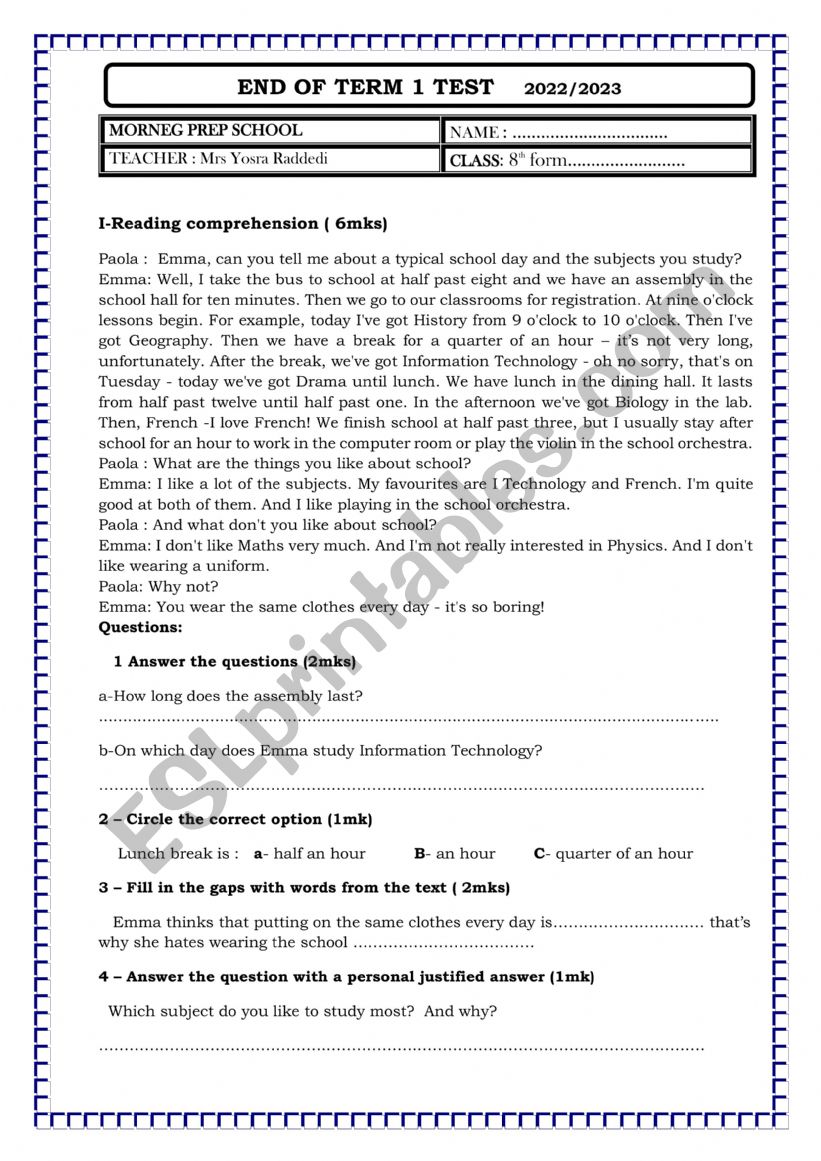 End term 1 test : 8 th form . Tunisian program