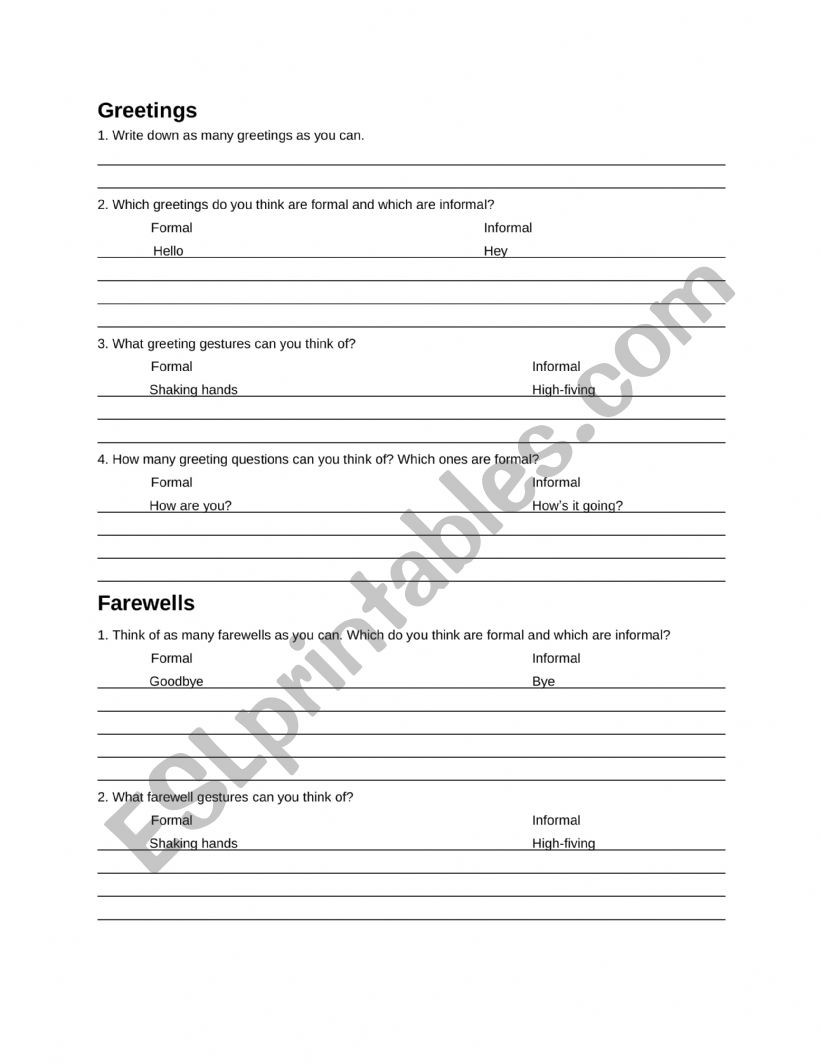 Greetings and Farewells worksheet