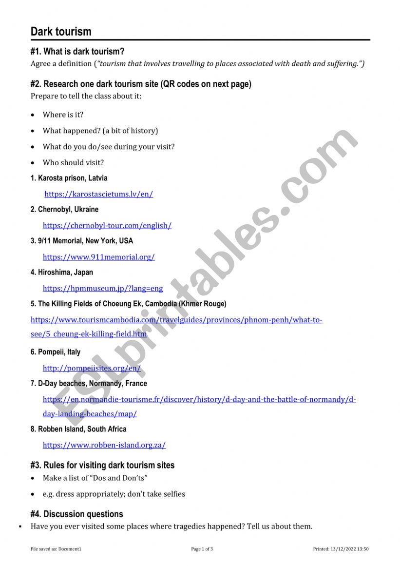 Dark tourism worksheet worksheet