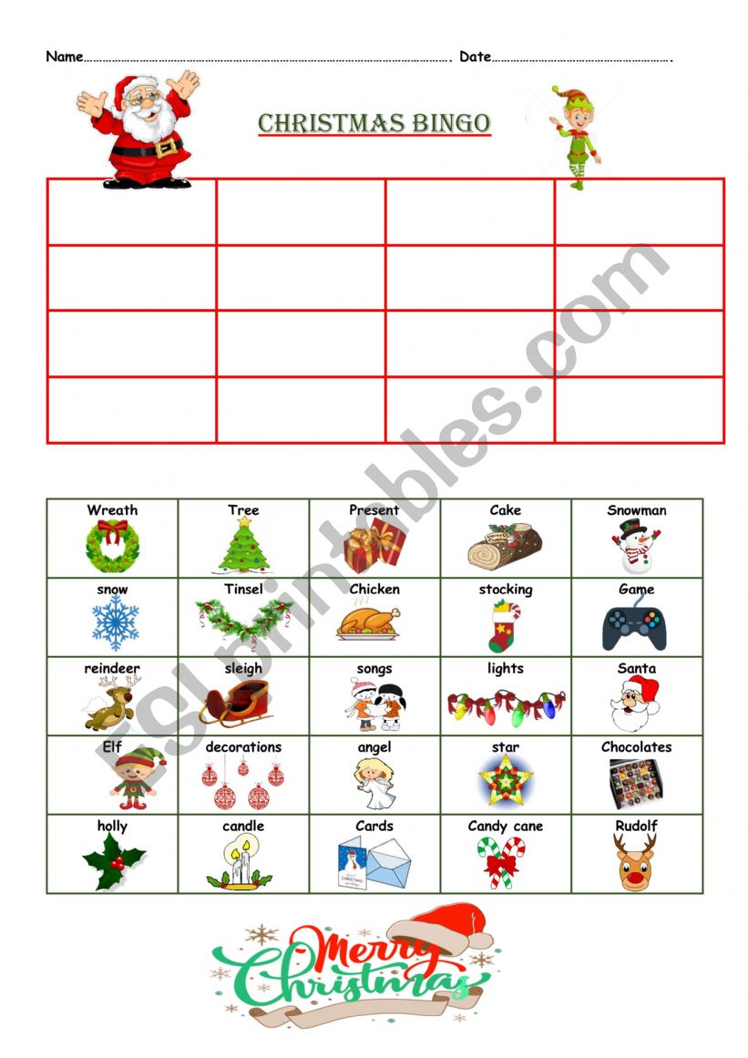 Christmas bingo worksheet