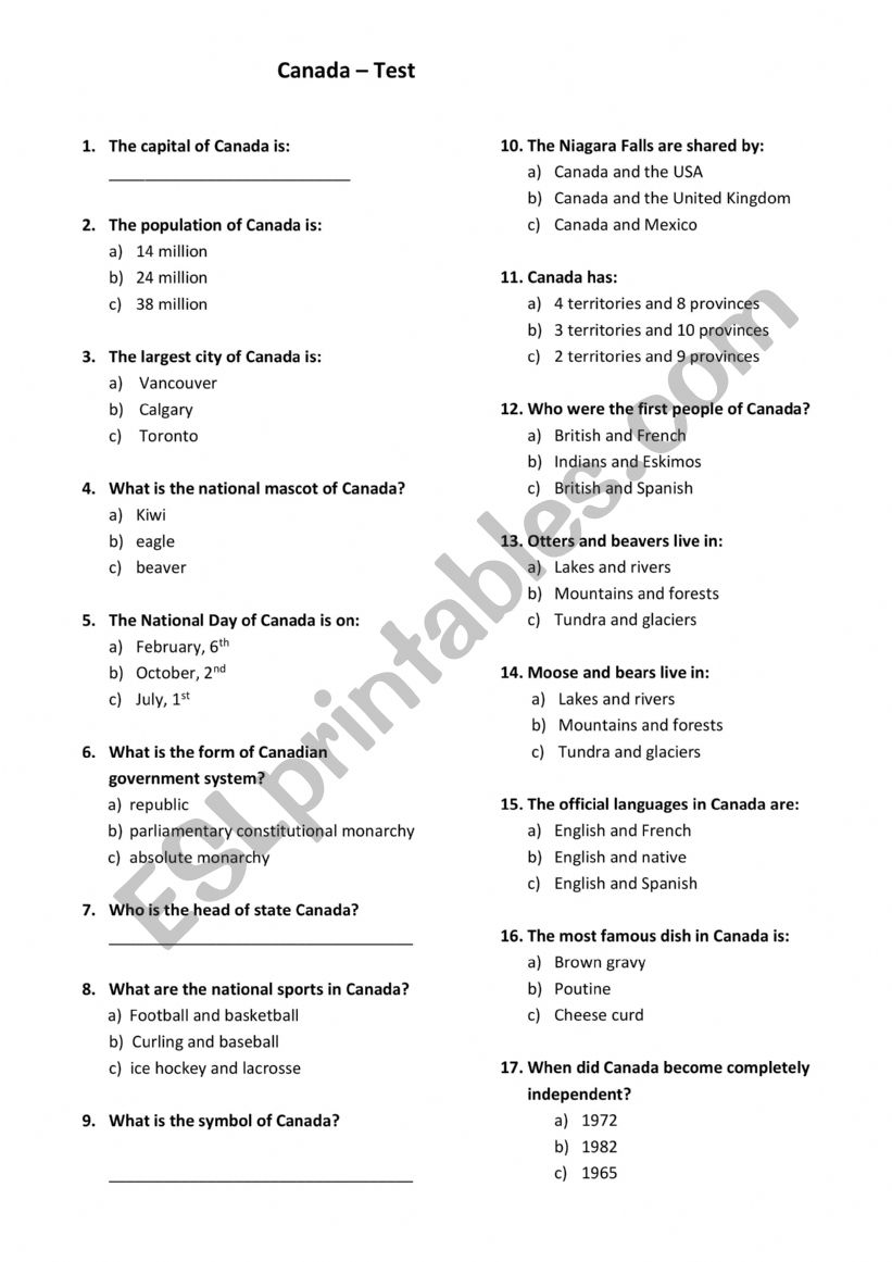 Canada-quiz worksheet