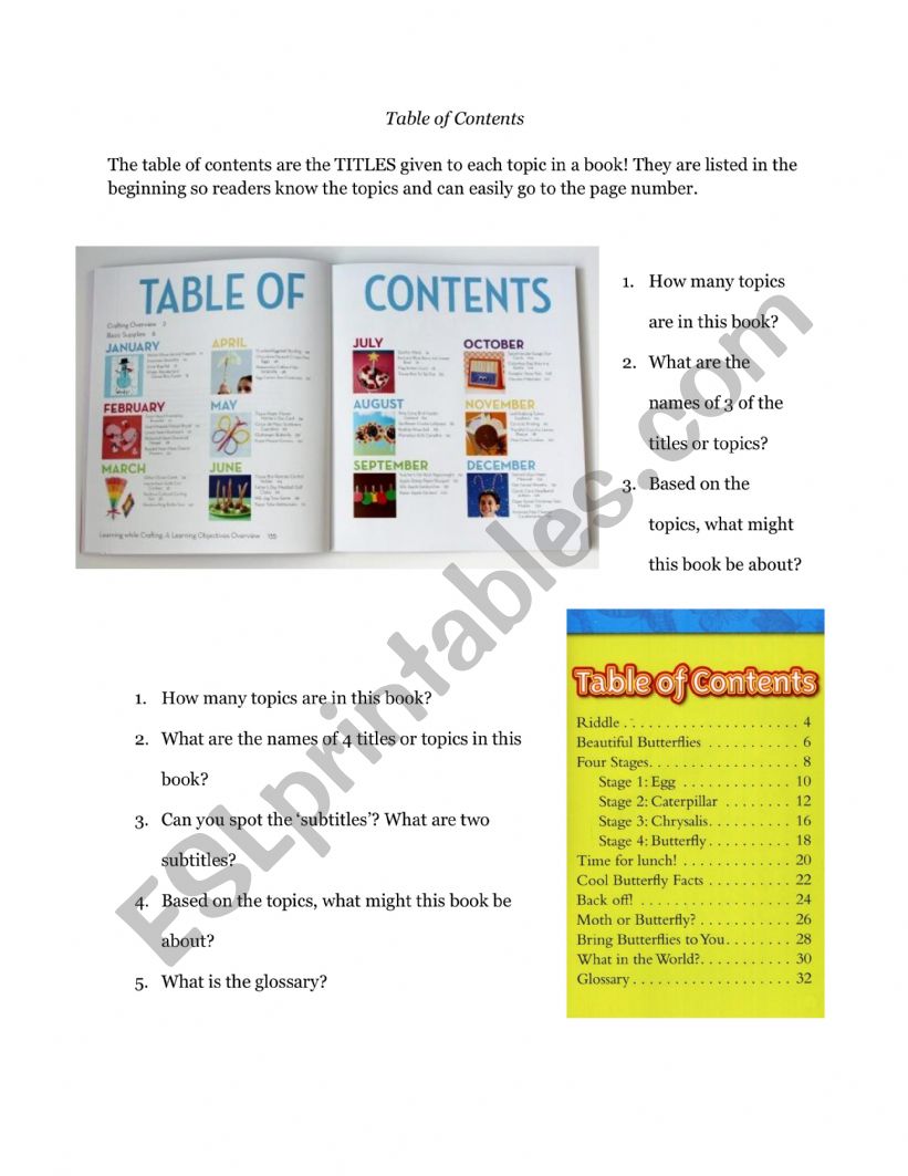 Table of Contents Practice worksheet