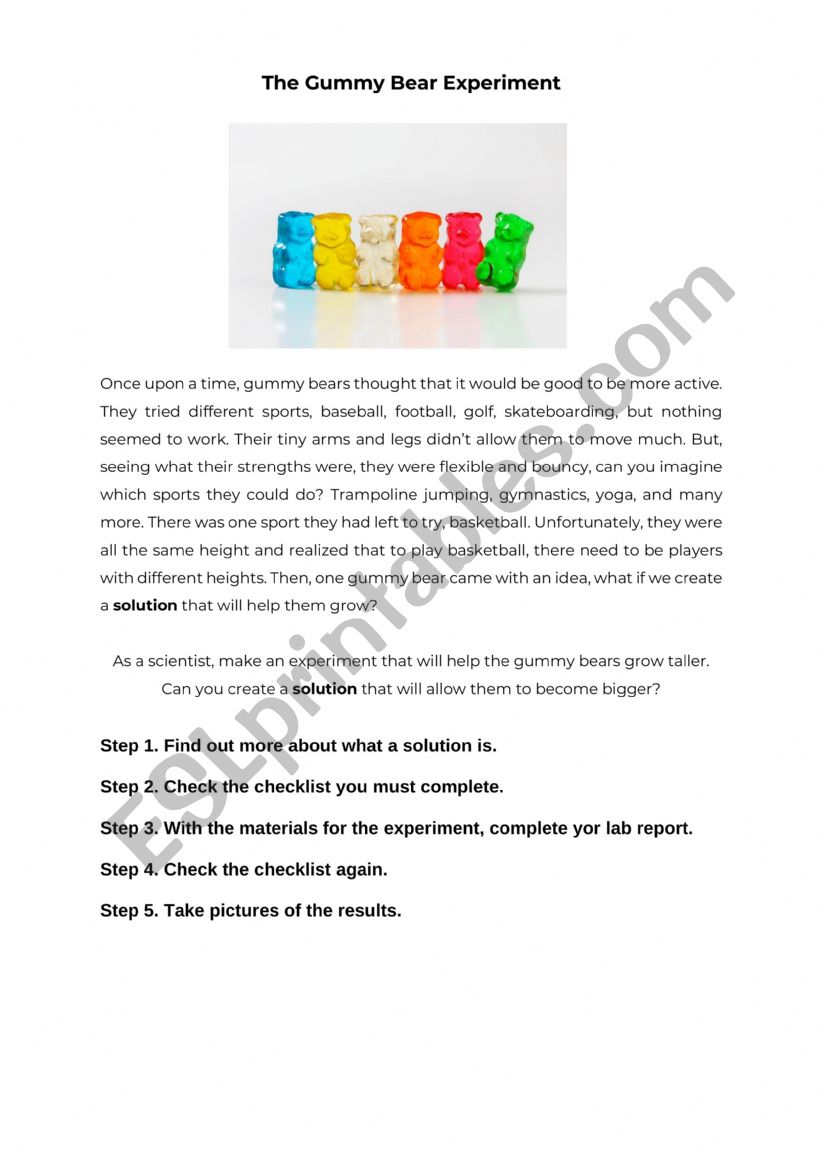 GUMMY BEAR EXPERIMENT ESL Worksheet By Jess89
