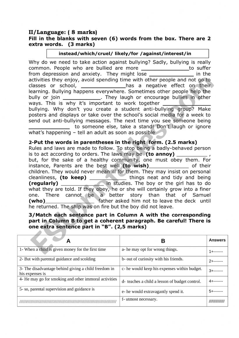 9th form end of term test 1 worksheet