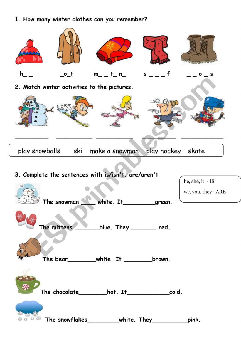 Winter words for kids worksheet