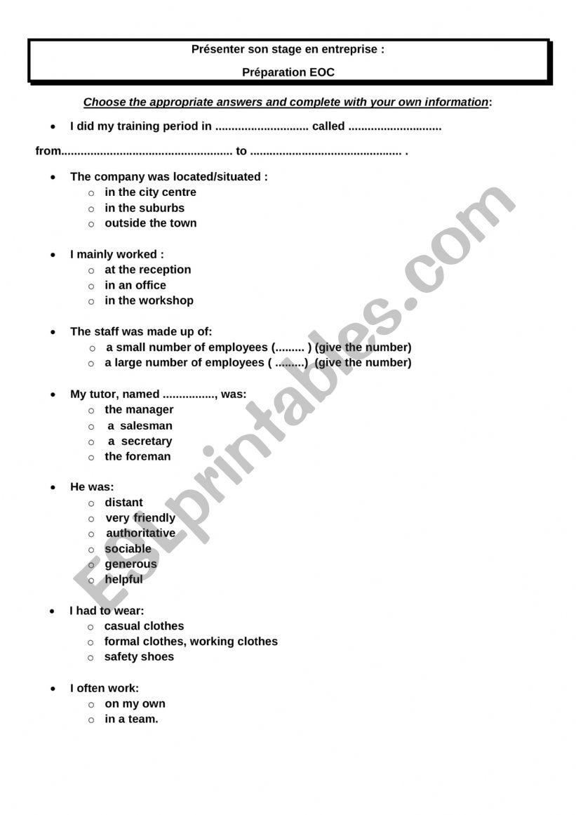 BTS Working Placement Oral Presentation / Prsenter son stage en entreprise