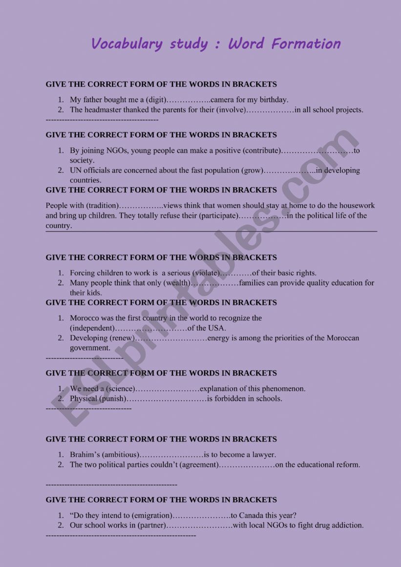  Vocabulary study : Word Formation