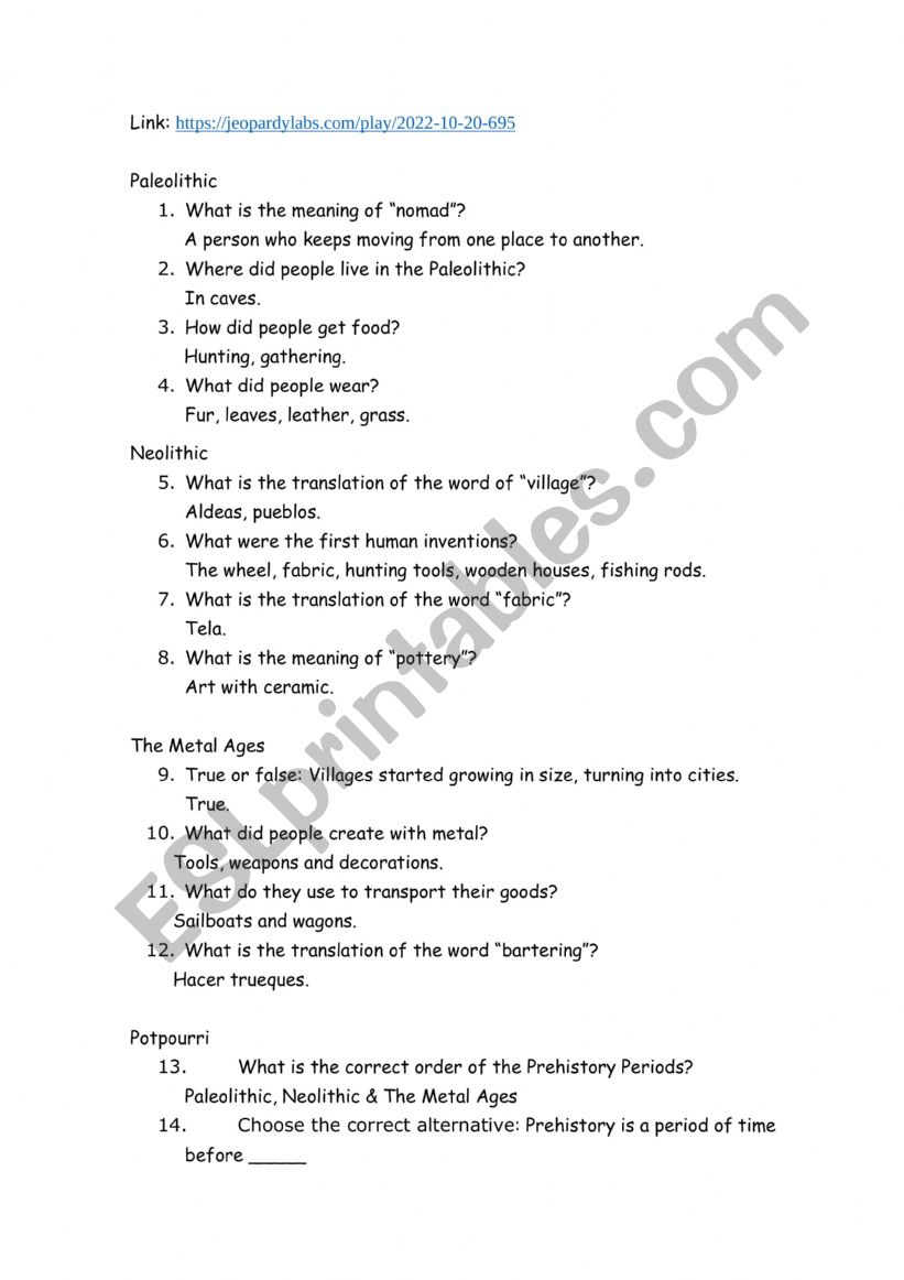 PrehistoryJeopardy worksheet