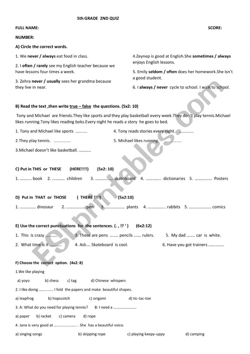 5th grade quiz worksheet