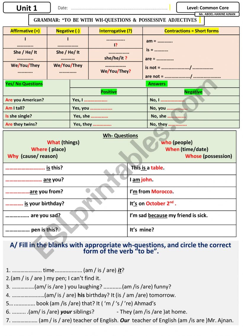 To Be with Wh-questions worksheet