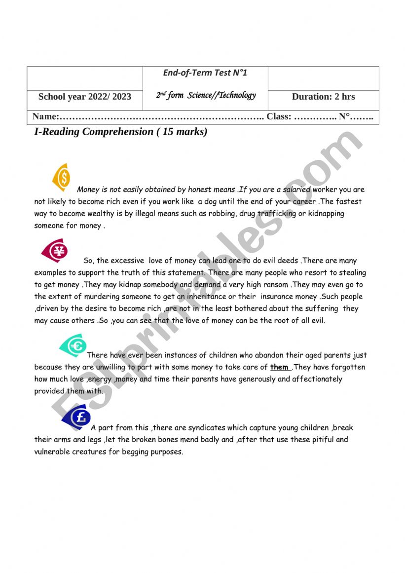 second form end term test 1 worksheet