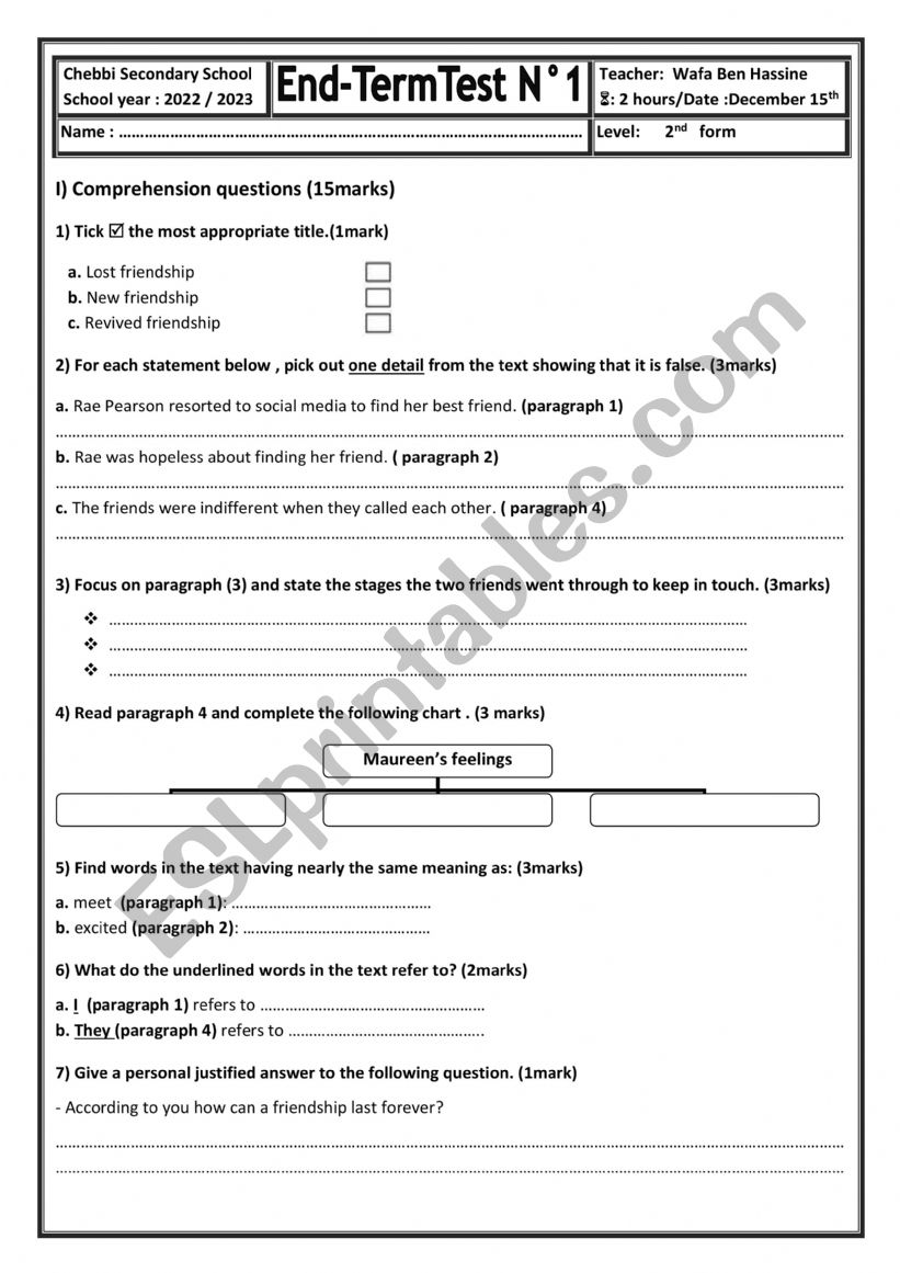 End term test 1 second form worksheet