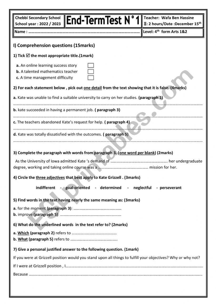 End term test 1 (4th form Arts)