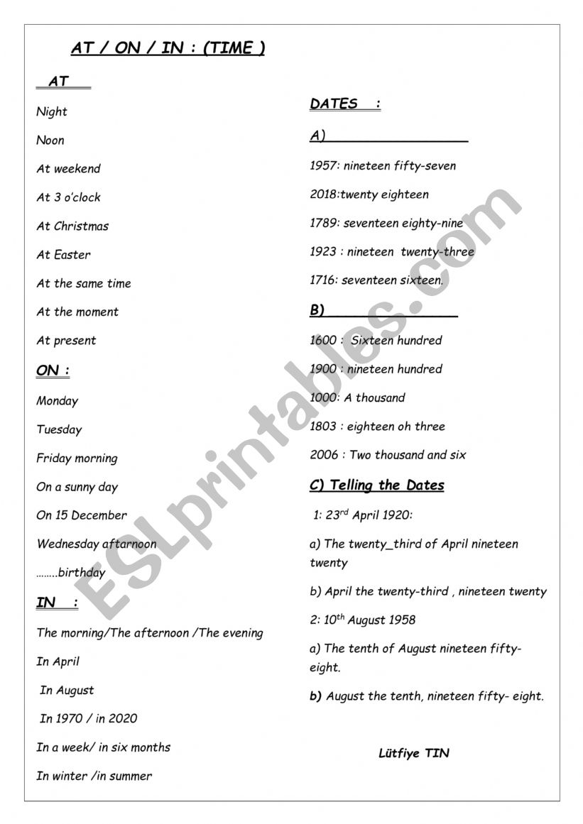 THE PREPOSITIONS OF TIME worksheet