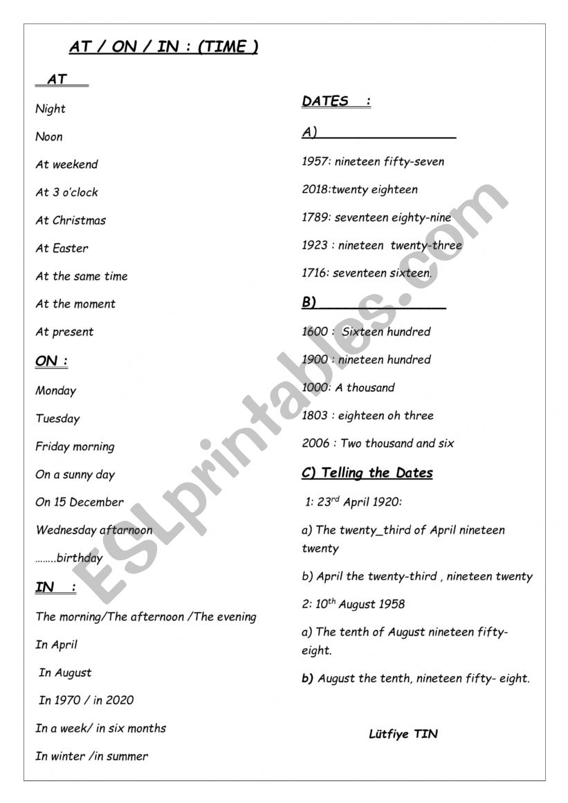 THE PREPOSITIONS OF TIME worksheet