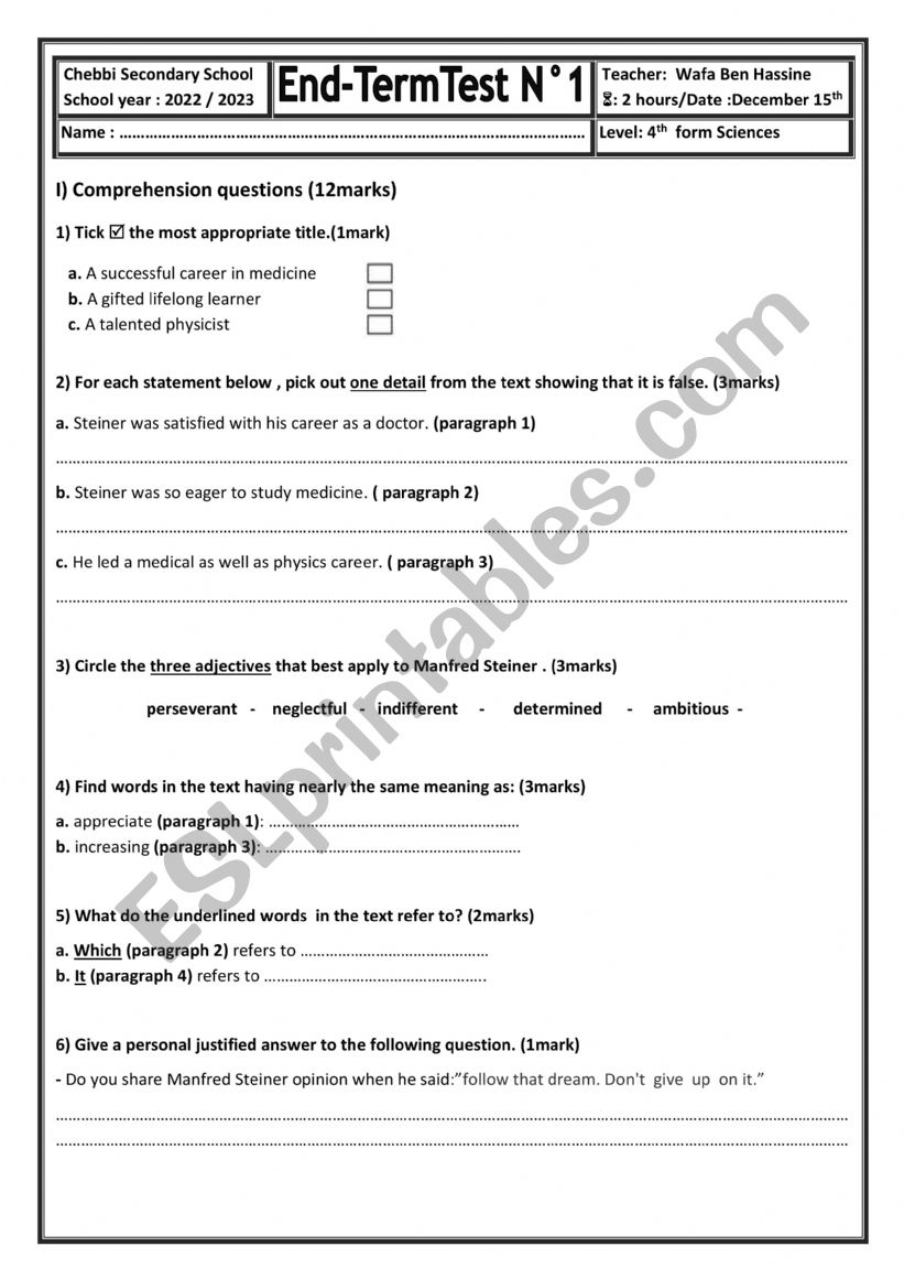 End term test 1 (4th form Sciences)