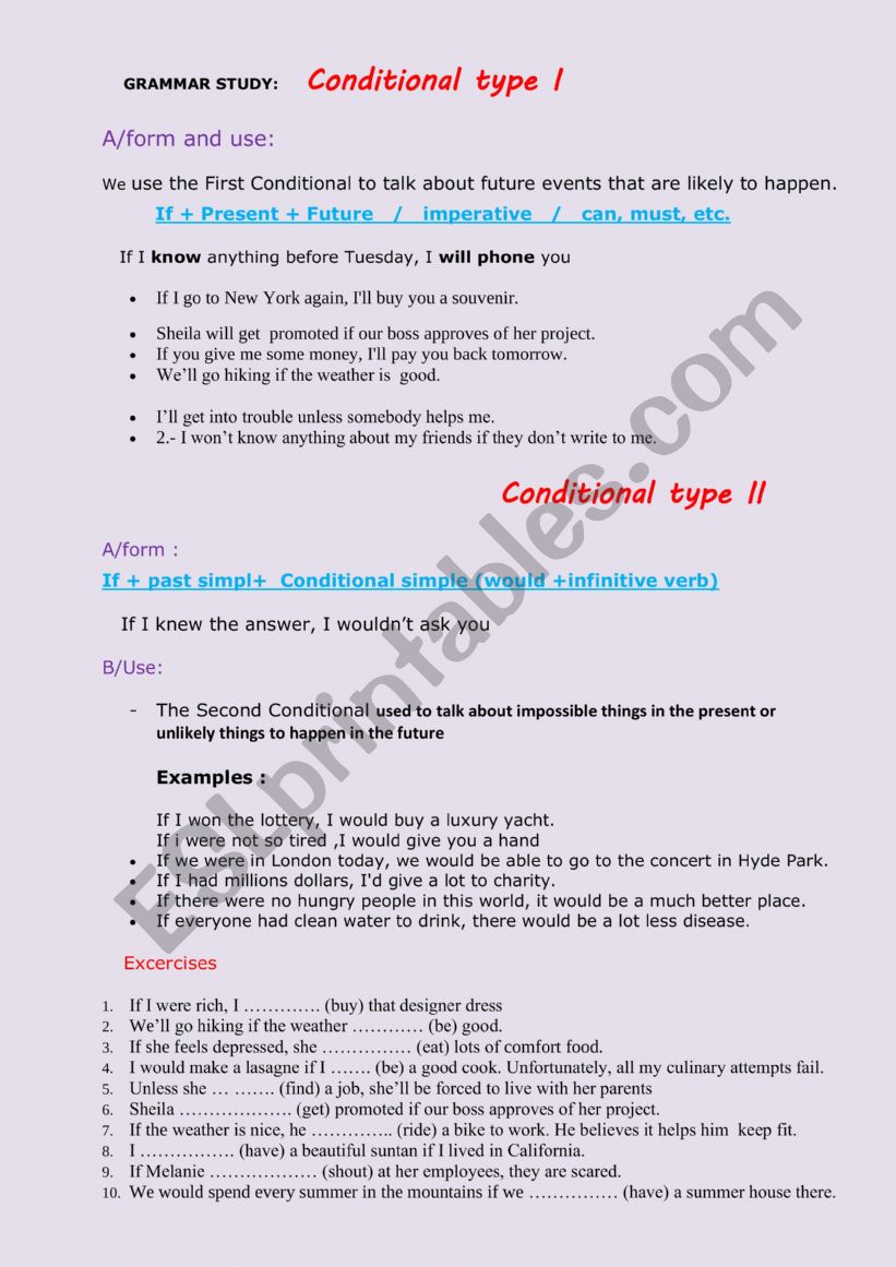 Conditional type I and  2 worksheet