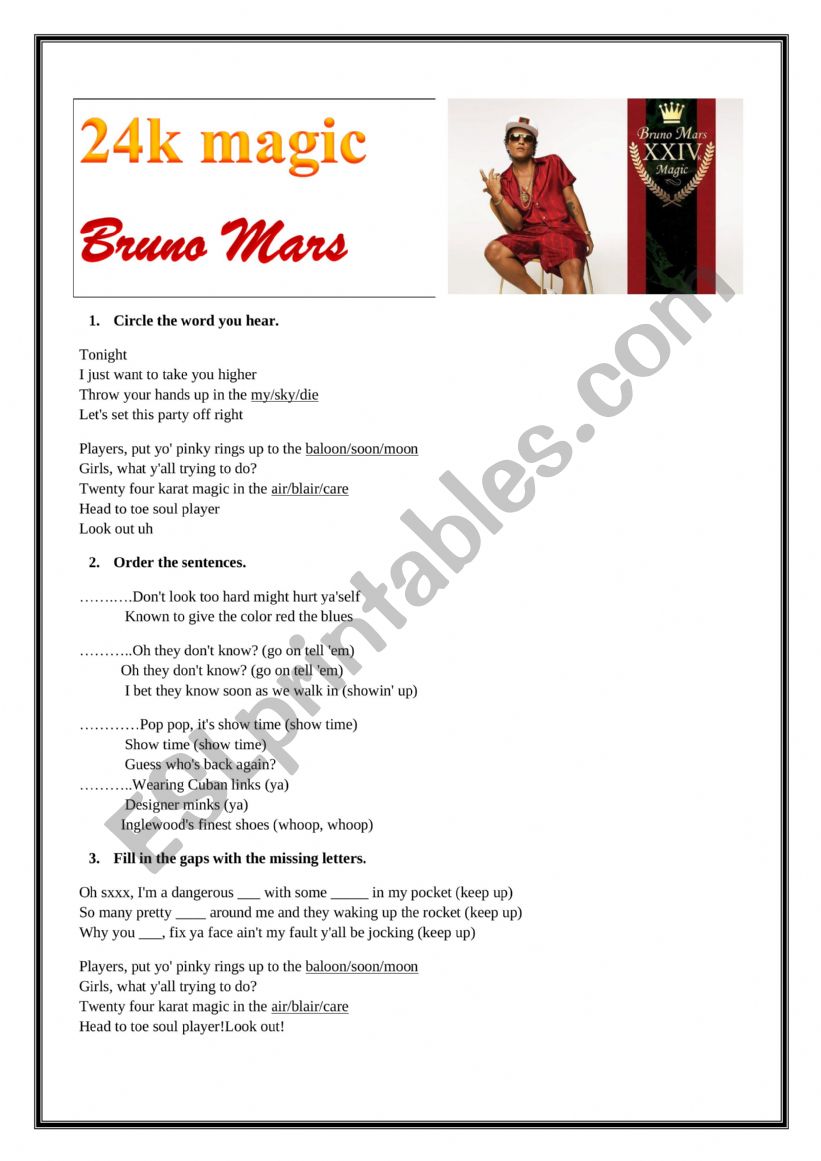 24K Magic worksheet - Bruno Mars