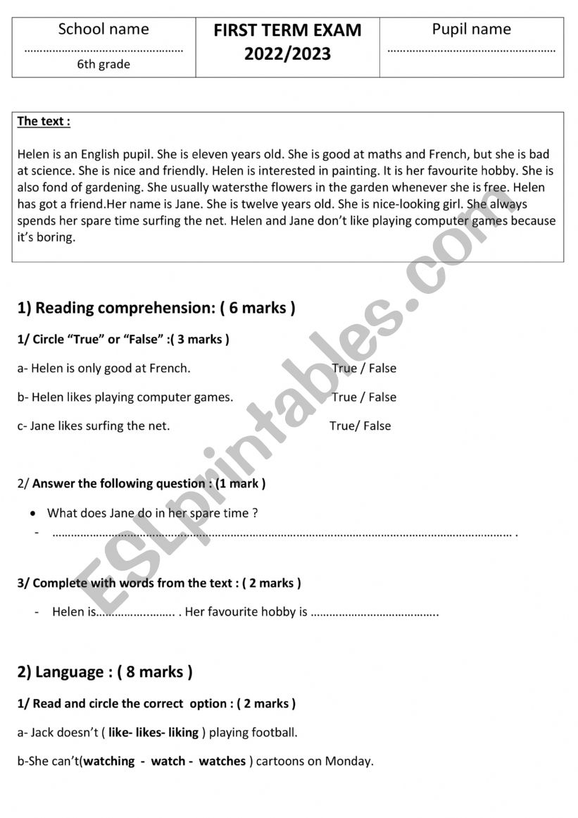 FIRST TERM EXAM (6th grade) worksheet