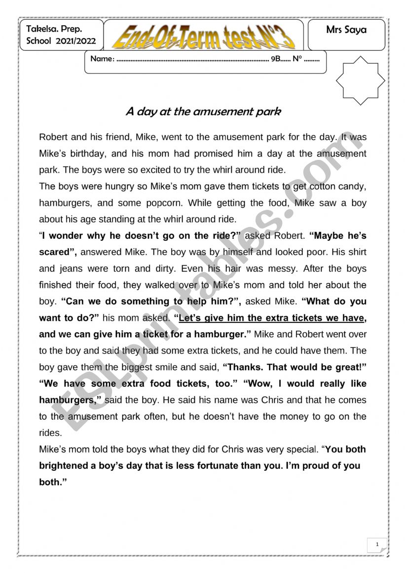 End of Term Test N°3 9th form Tunisia