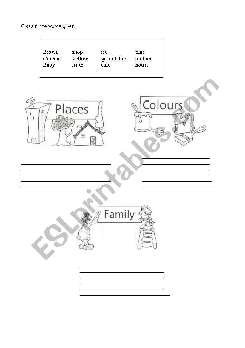 vocabulary about colours, places and family