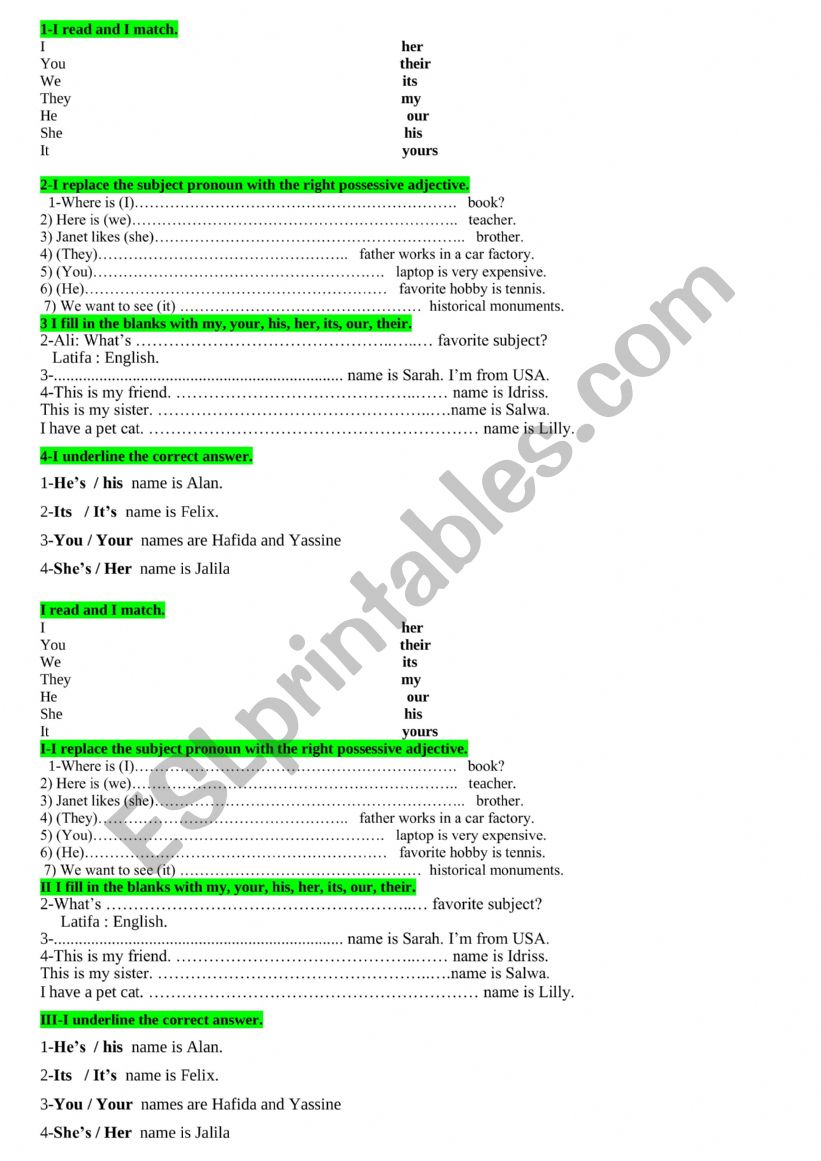 Possessive adjectives practice exercises