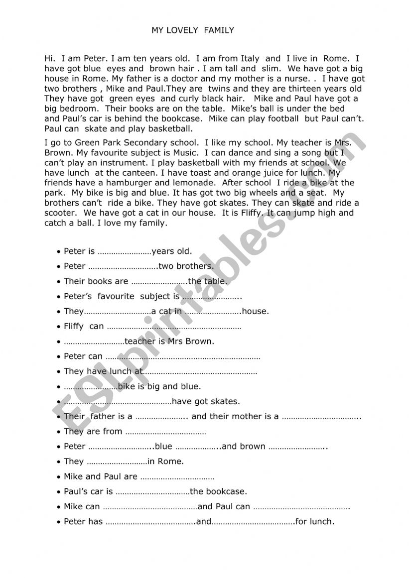 My lovely family worksheet