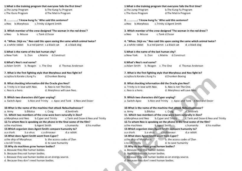 Matrix Film Quiz worksheet