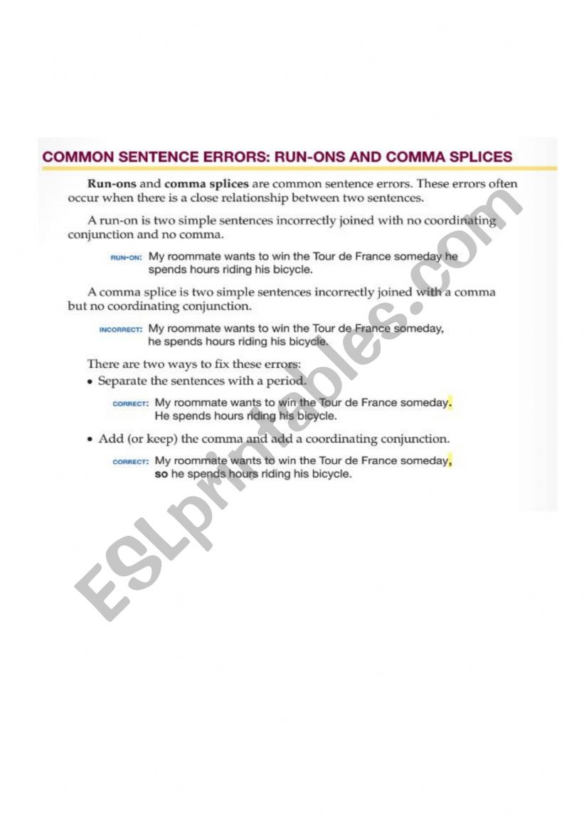 Run on sentences worksheet