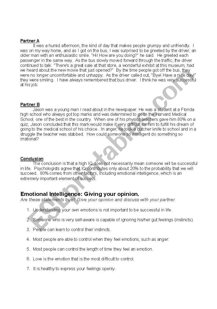 Emotional Intelligence worksheet