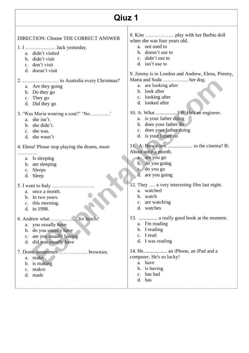 English Quiz worksheet